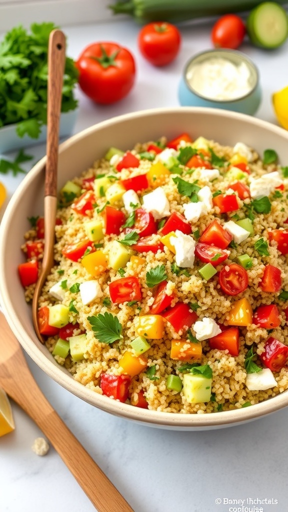 A vibrant quinoa salad with bell peppers, tomatoes, cucumber, and feta cheese in a bowl, garnished with parsley.
